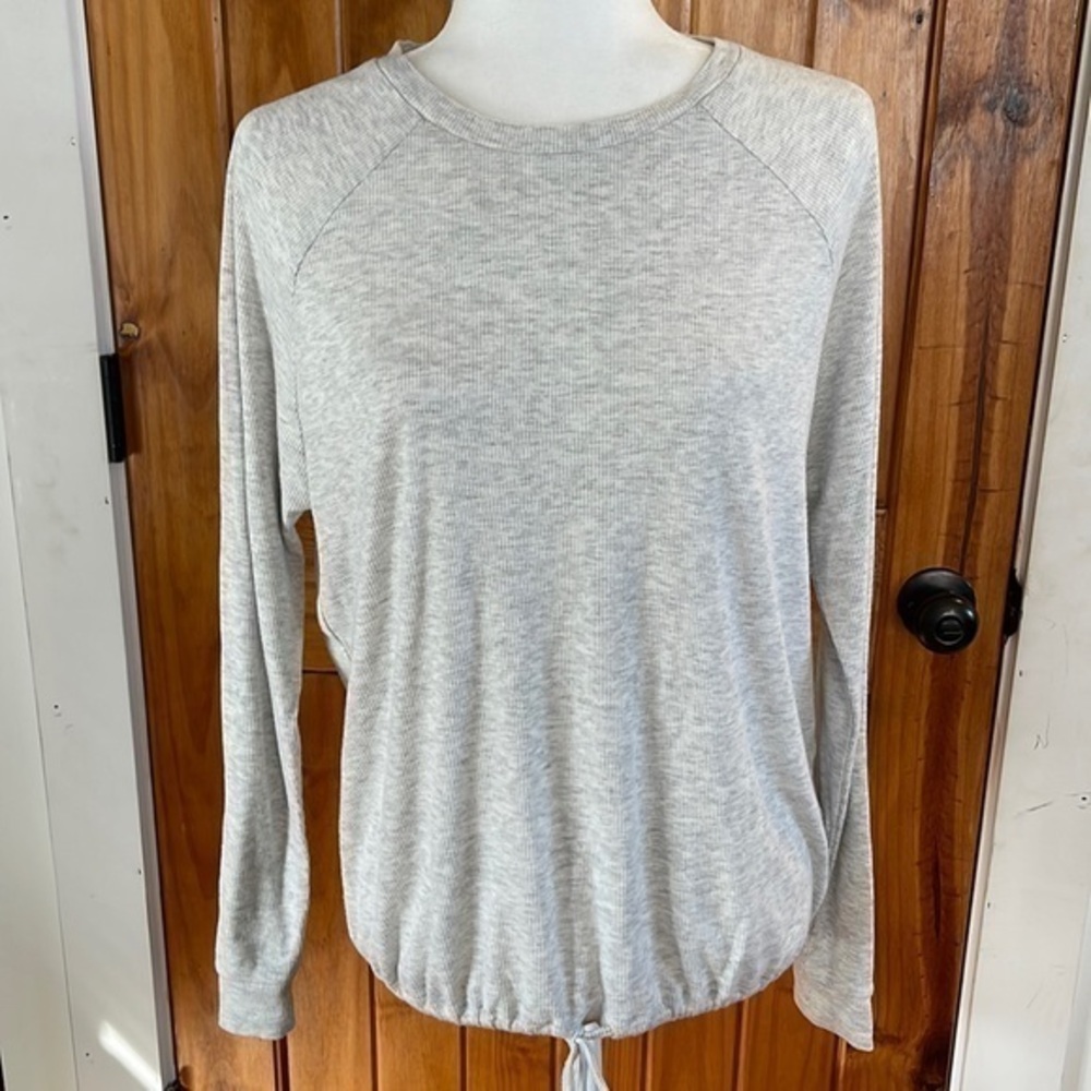 Kikit Grey Ribbed Knit Long Sleeve Crewneck Top Drawstring Waist Large